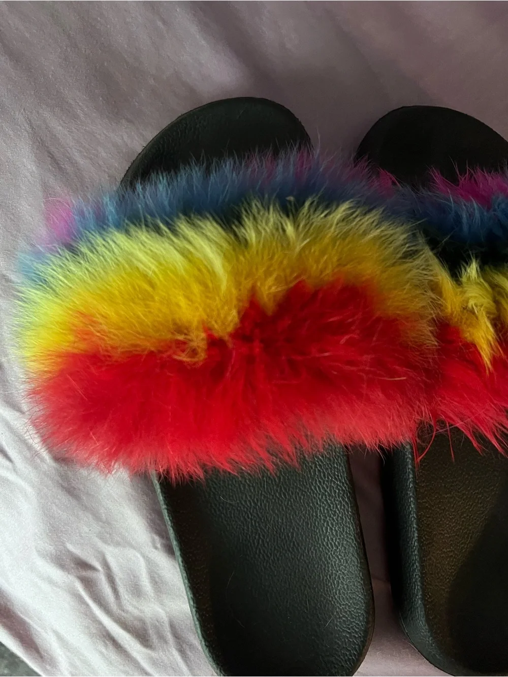 Rainbow Faux Fur Slide Sandals - Black Base